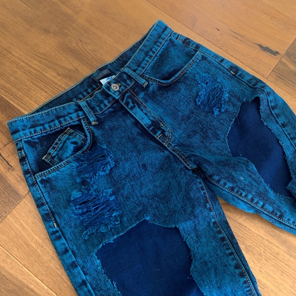 LF 90s Baggy Carmar Cut-Out Acid Wash Ripped Jeans Blue - Custom Made - Picture 4 of 6